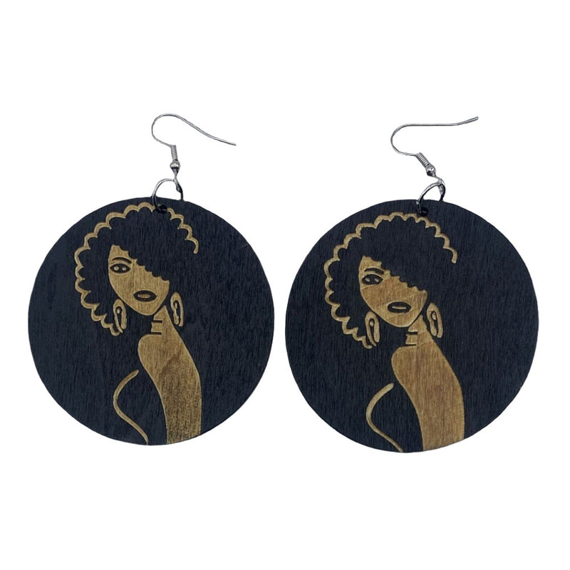 African Woman Engraved Wooden Earrings