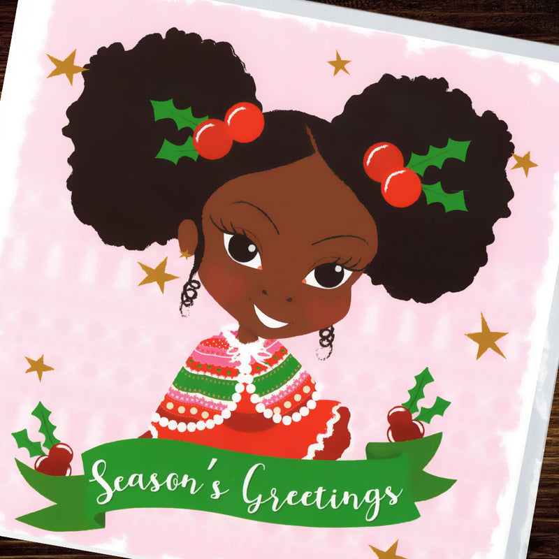 Fefus Designs Afro Puffs Girls Christmas Card